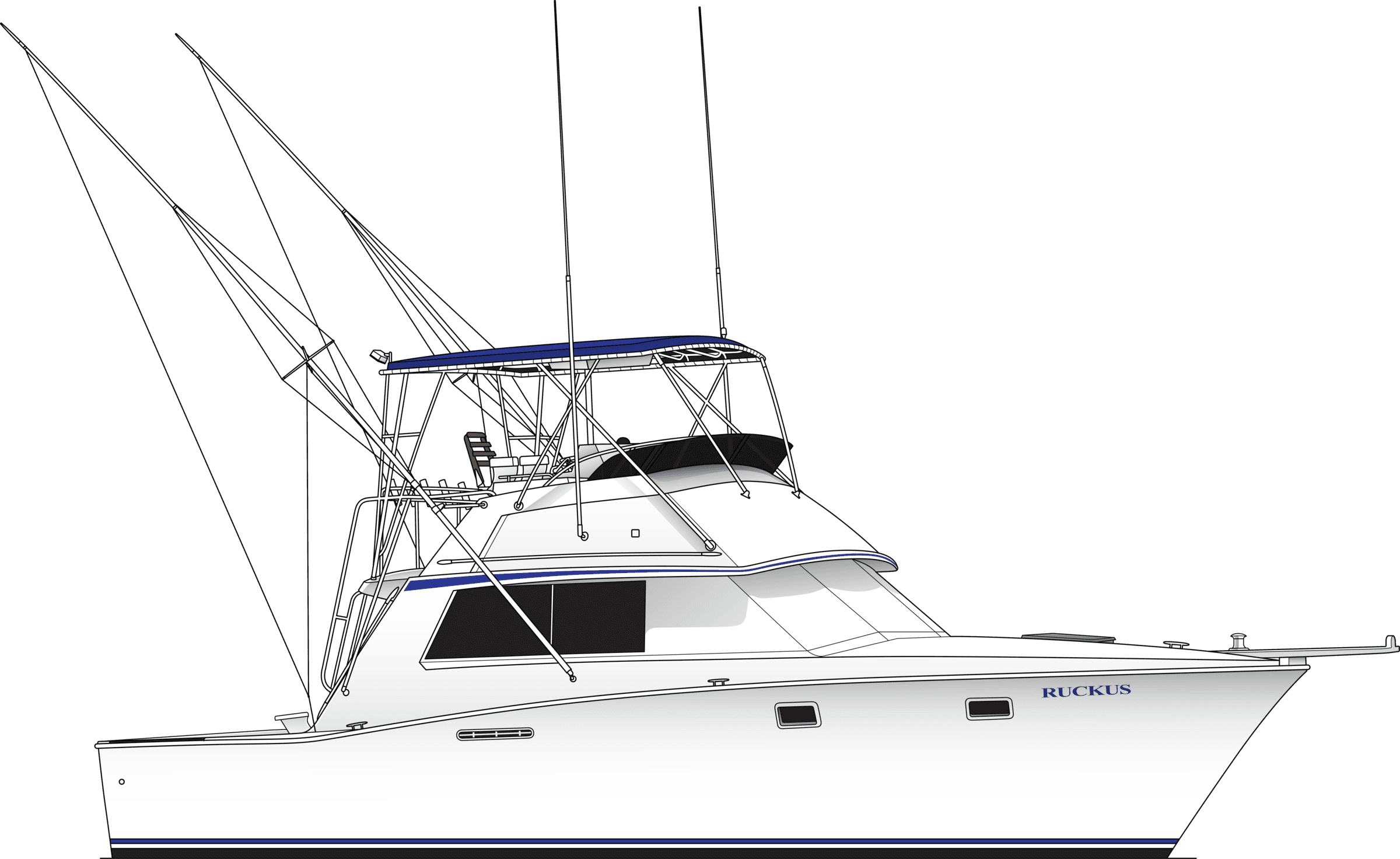 Illustration of Ruckus, a 38-foot Bertram sportfisherman with outriggers and a tuna tower